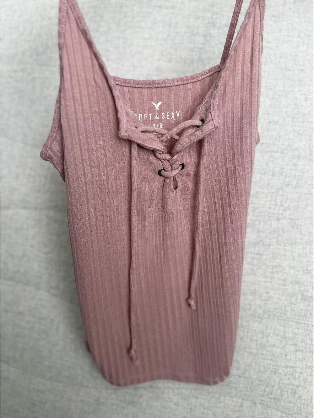 American Eagle Soft & Sexy Ribbed Lace-Up Tank Top Dusty Pink | Women's Small